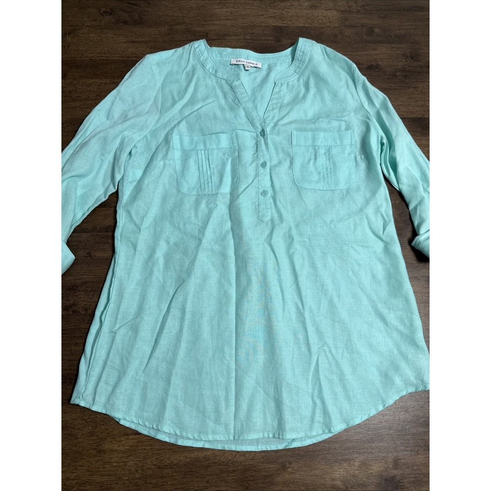 Emily Daniels Womens Blouse Turquoise Linen V-Neck Roll Tab Shirt Quiet Luxury M